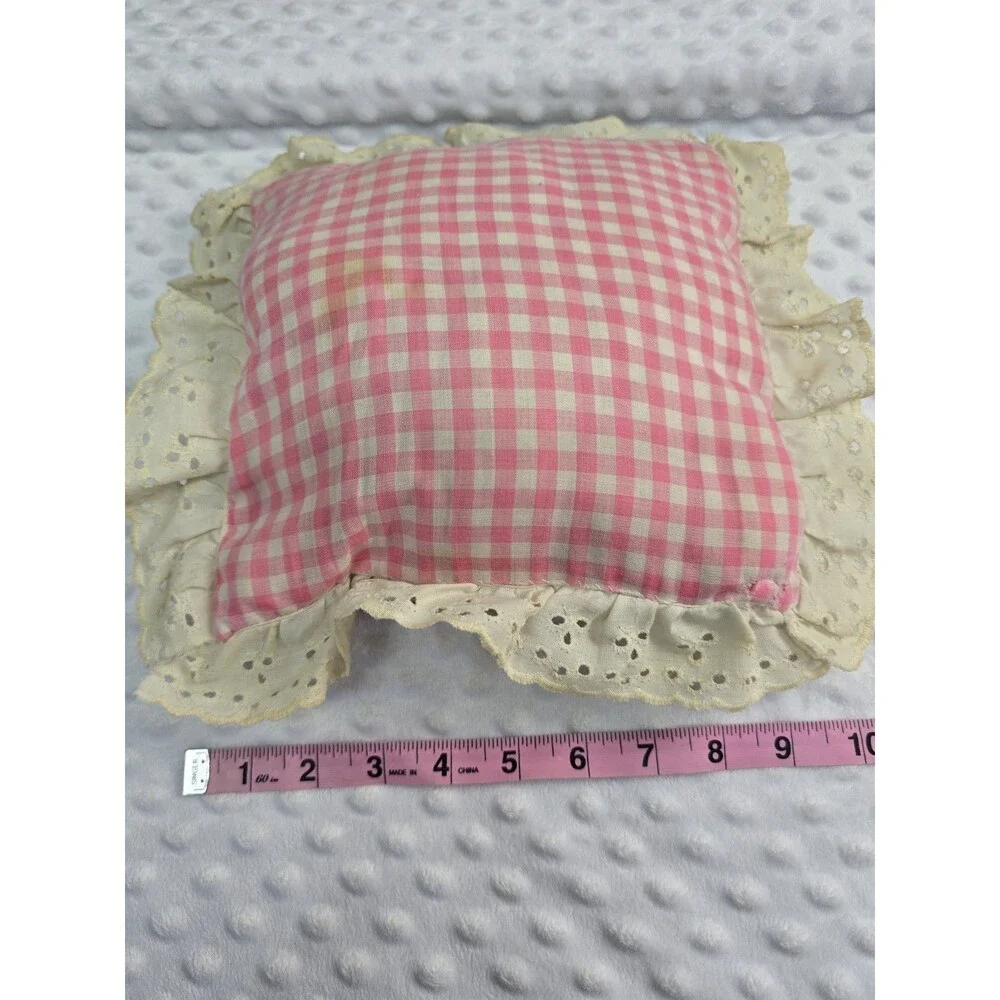 Ruffle Gingham Pillow Pink Cottagecore Embroidered Happy Birthday 10” Jennifer